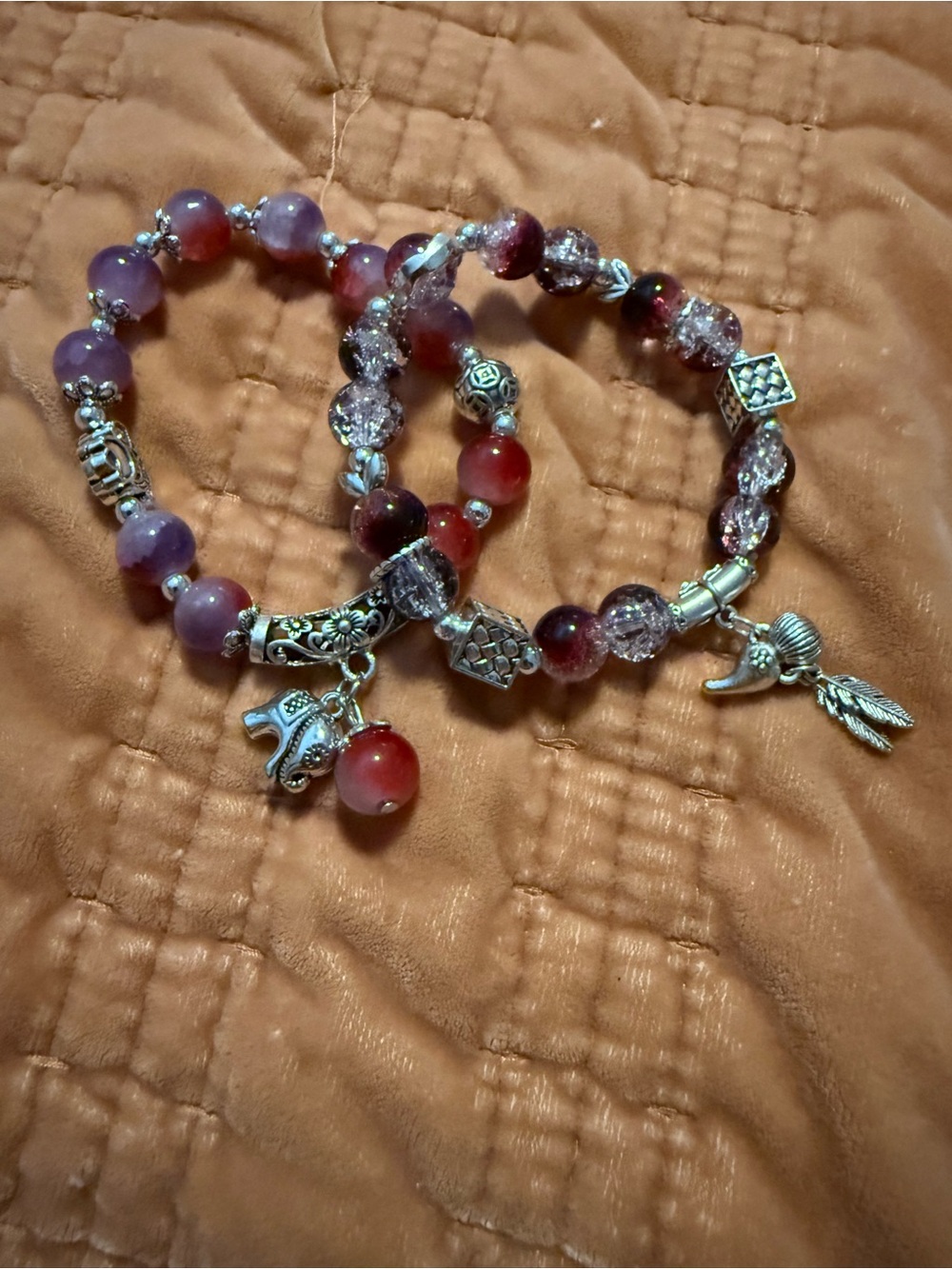 Bohemian Purple & Red Beaded Silver Charm Bracelet Set of 2